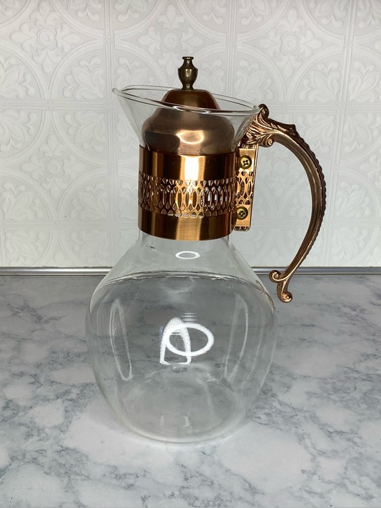 Other - < Vintage Glass Carafe With Copper-Toned Accents >